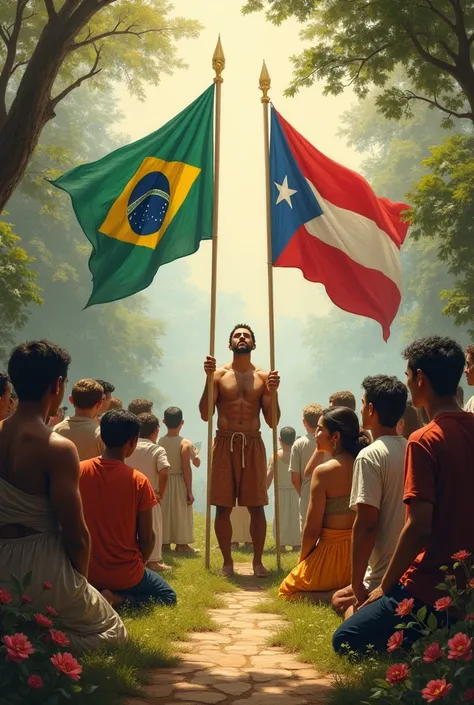 I want you to make me a painting where you can see people worshiping, whether they are kneeling or standing, for the countries of Brazil in South America and Costa Rica in Central America. I want the flags of both countries to be seen.