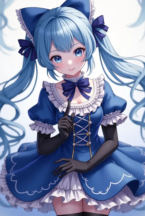 1girl,absurdres,black bow,black gloves,black legwear,blue eyes,blue hair,bow,collarbone,dress,drill hair,frilled dress,frills,gloves,gwen (league of legends)
