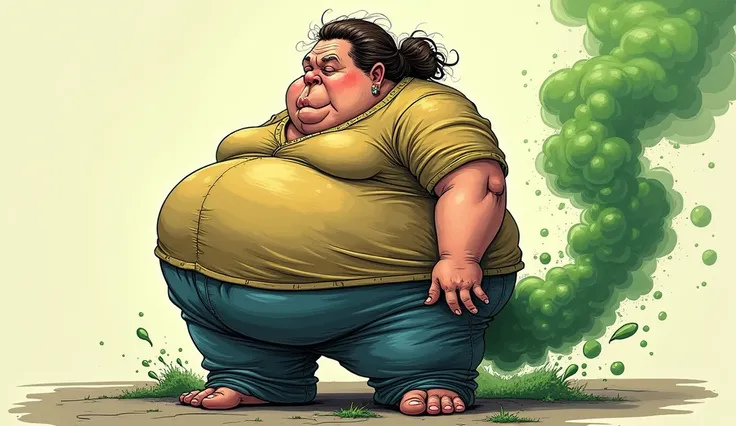 beautiful obese homeless woman with worn out clothes farting and releasing olive green stink fumes from her rear, comic artstyle