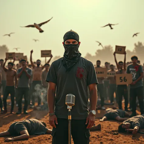 One man with ski mask and bandana covering his face standing in a war field. Blood all over tshirt. Mic stand in front of him with a microphone connected with snake instead of wire. Dangerous look in his eyes. Sun shining, birds flying in the sky. 100 of b...