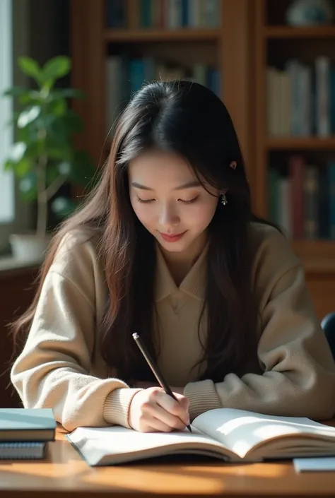 (8k、RAW photos、best quality, realistic, Color photo, various poses, Normal and detailed eyes, long straight hair, high quality, korean,) A woman studying philosophy at her desk