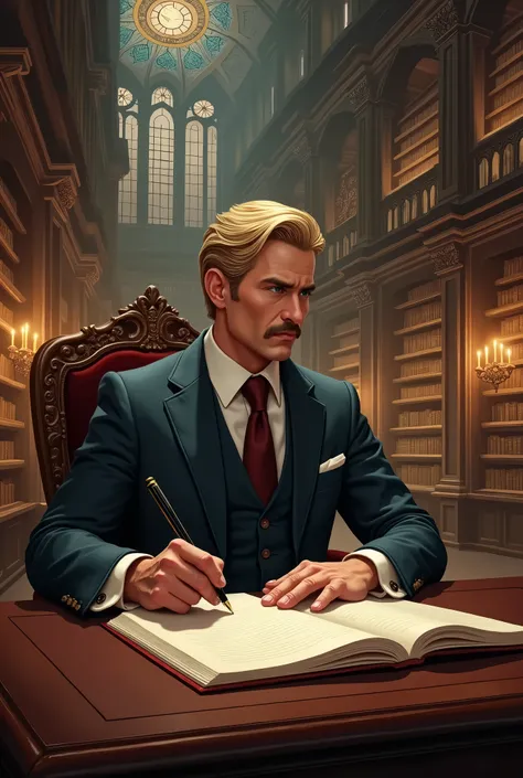 Elegant man, with blond hair and mustache, writing in a large, old library
