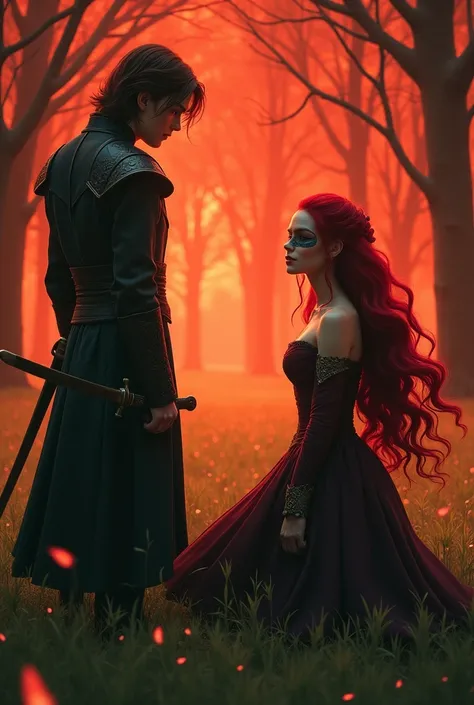 The red-haired princess and her mask on her face in an environment with red flames, kneeling before him with a sharp sword hidden behind his back, handsome, brunette and straight hair, The red-haired princess is smiling slyly at the prince, who is looking ...