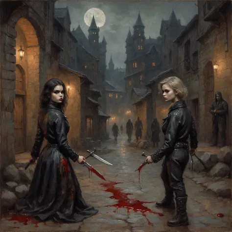 masterpiece,best quality,illustration, style of Mike Worrall and frank frazetta, high res, ((paiting)), (front view), ((1girl)), death metal album cover featuring a beautiful 20 years old girl, she is waiting for viewer in a dark alley with wicked intent, ...