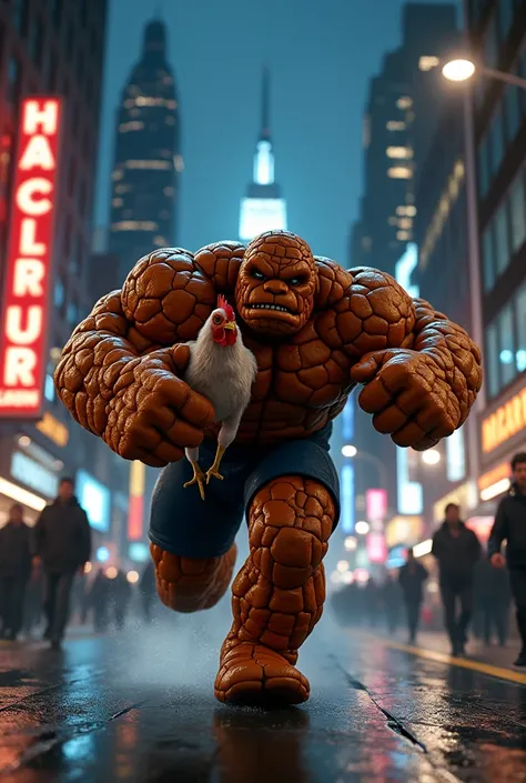 The Thing, Ben Grimm, of marvel comics running towards camera carrying a chicken in the streets of new york in night time 