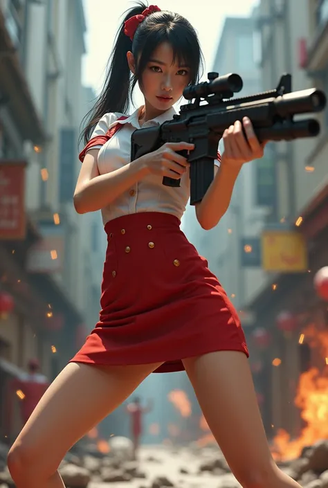 beautiful chinese 空姐 mini skirt realistic long machine gun toting real person legs spread apart standing rampage shooting side target facing 


