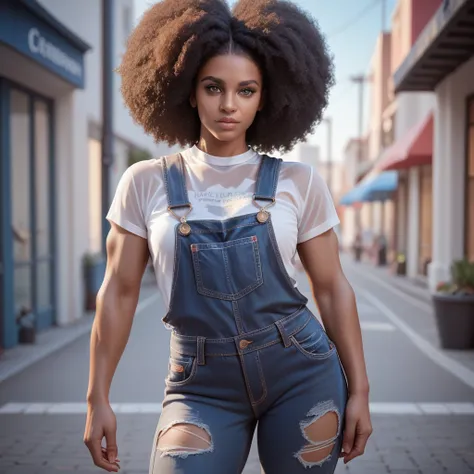 Afro Rastafarian WOMAN FRONT STANDING MUSCLE SENSUAL THREE-COLOR CARAMEL HAIR punk ripped shirt OVERALLS satin transparent translucent purple  ,Create a COLORFULL-clothed female anime character in a bot model