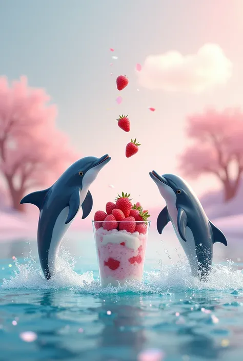 Dolphins jumping over the water to eat a glass of strawberries with cream while the landscape comes out with pink and rainbow touches 