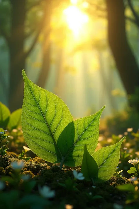 Three,leaves, flowers, forest, highly detailed,
Green,golden sun rays between trees and leaves, 
Glowing leaves and trees super detailed, 