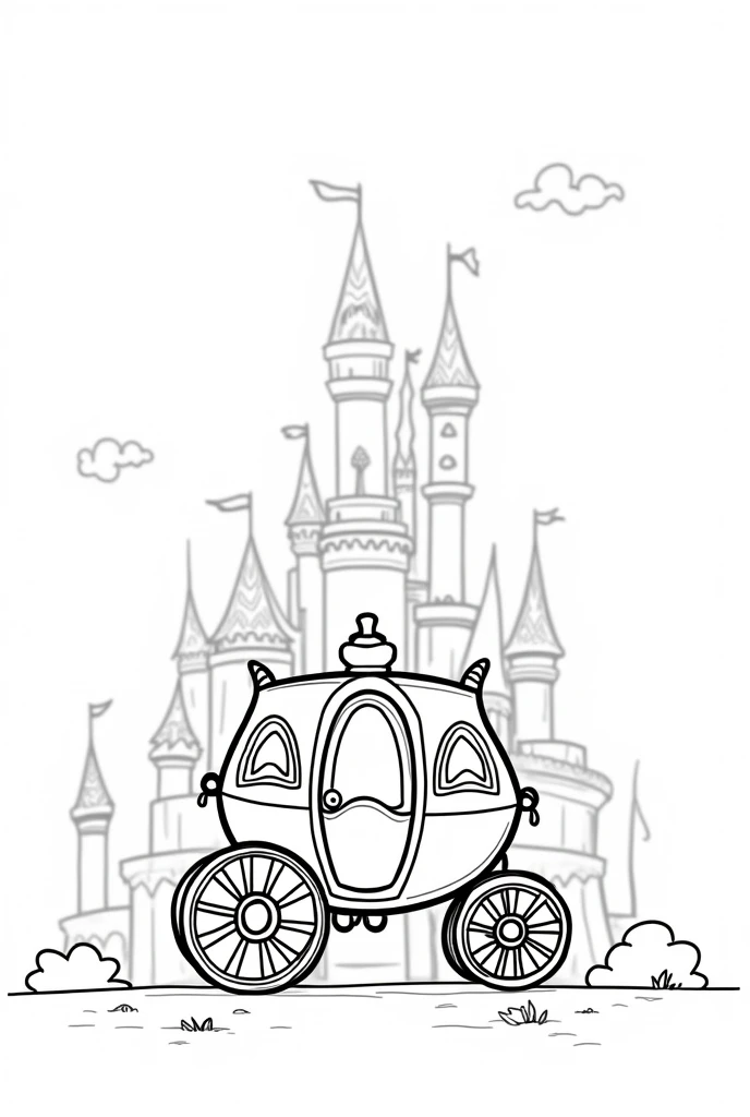 Stress-free coloring, page with image of a carriage in front of a cartoon style castle, linhas grossas, uncolored, totally white background, only lines.