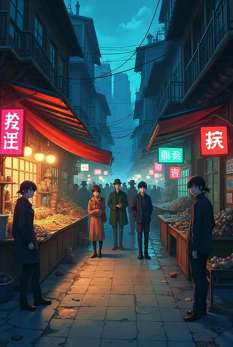 anime style art, suspicious market with suspicious people 