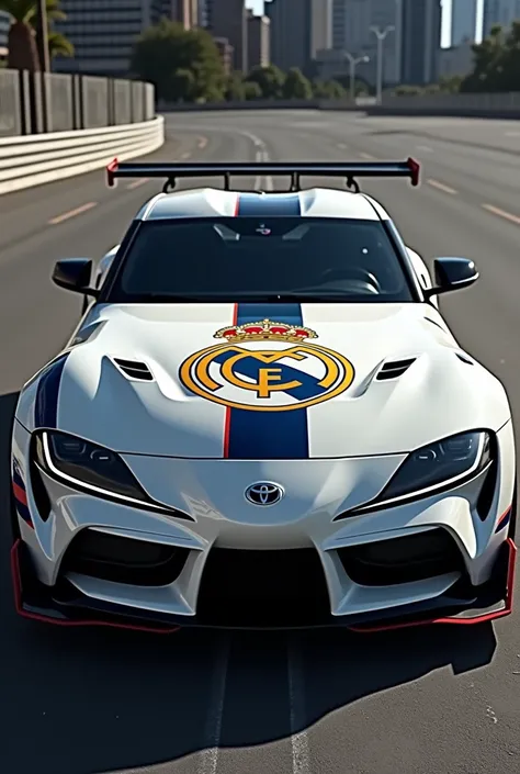 Create an image of a toyota supra mk4 decorated with the real madrid logo 