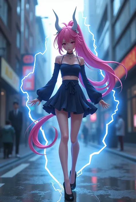 Create a femboy character with long pink hair tied in an anime ponytail with white demon horns on his head while lightning bolts come out of his hair as he walks down the street