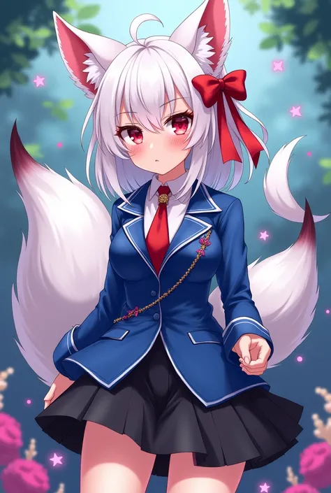 Create an anime girl character with the following features:

Hair: White, adorned with a red ribbon.
Eyes: Red.
Ears: Fox ears on top of her head.
Tail: Fox tail, flowing behind her.
Skin Tone: Dark-skinned.
Uniform: Blue, consisting of a jacket and a blac...