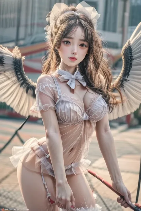 a surreal angel girl wearing lingerie,holding a bow in her hands,with very large wings,dressed in white,detailed face,beautiful detailed eyes,beautiful detailed lips,extremely detailed eyes and face,long eyelashes,(best quality,4k,8k,highres,masterpiece:1....