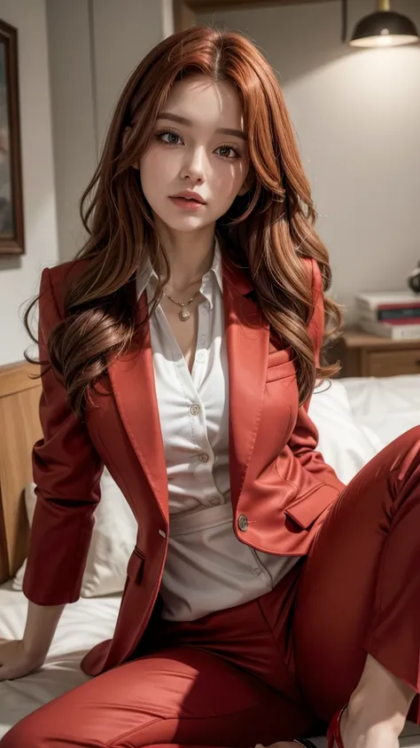 Crie uma mulher branca, brown-eyed, wavy red hair, dressed in a red blazer, white blouse and red dress pants, black highheels