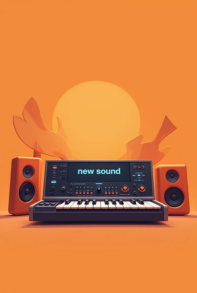 That it has new sound written on it, that it is a digital drawing and that the background is light orange and with speakers