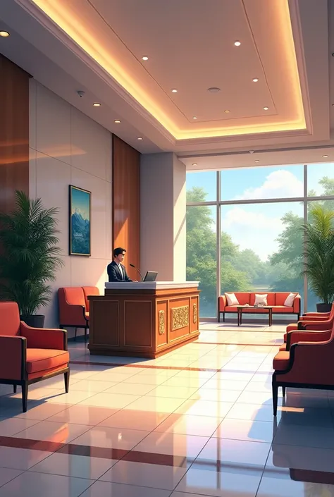 anime style art, bank office reception without people 