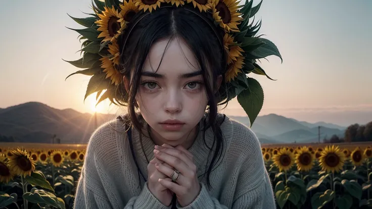 The image captures a poignant juxtaposition: Billie Eilish, the iconoclastic pop star, immersed in a bucolic dreamscape. A sea of sunflowers, their faces a kaleidoscope of ochre and gold, stretches as far as the eye can see, their heavy heads nodding gentl...