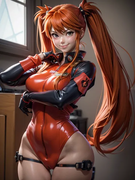 Asuka Langley in a provocative pose at a military base. looking at the viewer, smile, twin tails, blush, breasts, masterpiece, The best quality, necessary, Alta resolución, Senos grandes, 