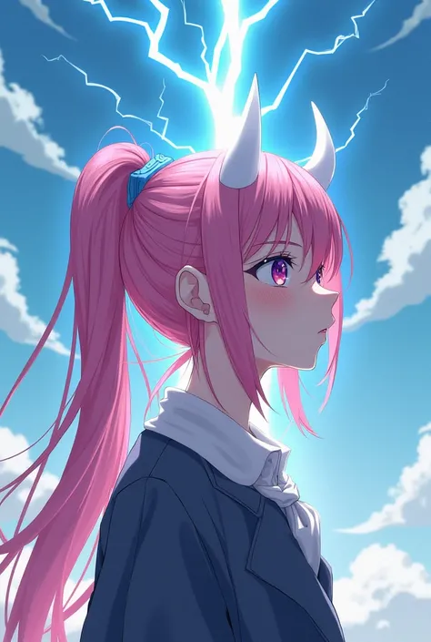 Create a femboy character in men&#39;s clothing with long pink hair tied in an anime ponytail with white demon horns on his head while lightning bolts come out of his hair as he looks up at the sky 