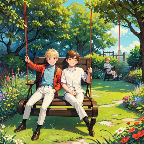 Two boys, two boys, blond hair, brown hair , two kids playing on swing, garden, rocking chair, Grinning, smile 