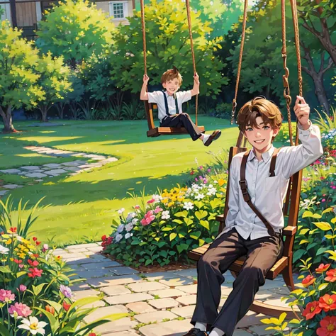 Two boys, two boys, blond hair, brown hair , two kids playing on swing, garden, rocking chair, Grinning, smile 