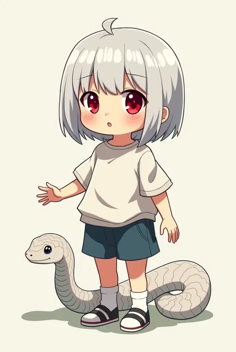 child, like , short straight dark white hair, Red eyes, wears puffy casual clothes, is half snake, white scales (animal). anime style.