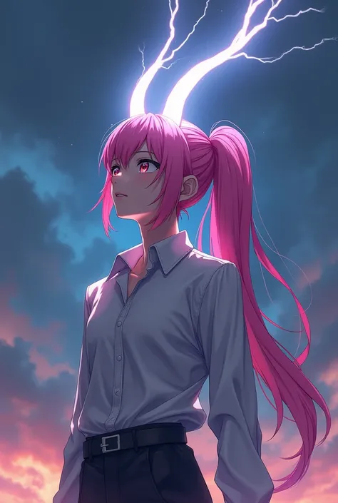 Create a femboy character in men&#39;s clothing with long pink hair tied in an anime ponytail with white demon horns on his head while lightning bolts come out of his horns as he looks up at the sky 