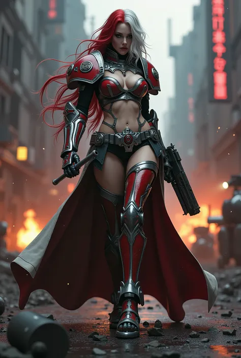 Full body pose sexy sisters of battle from the warhammer 40k, shooting at the enemy, red space marine armor with intricate details, white space marine armor with intricate details, symbols on the armor, sisters of battle, warhammer 40k, Massive exposed sil...