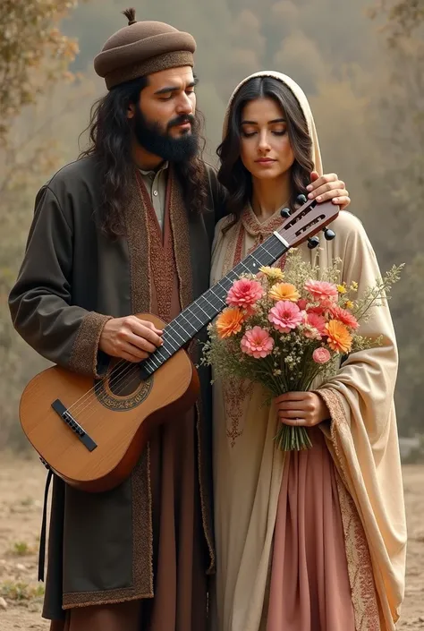 afghan couples both are in  simple shalwar qames dress man wear pakol playing Rubab instrument while women hold flowers man have beared and long hair