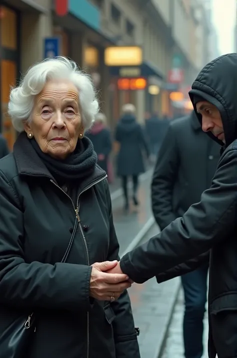 A freeze-frame style shot capturing the exact moment John decides to act. The image shows the elderly woman looking forward, unaware, while the pickpocket’s hand is still in her bag. The scene is filled with motion blur around the edges, indicating the fas...