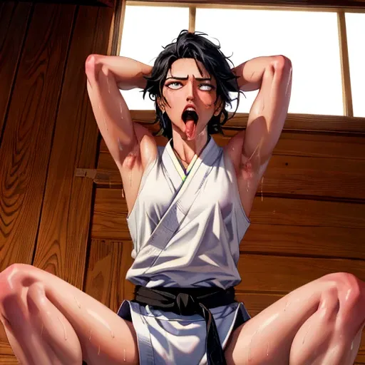 ((((masterpiece, best quality, high resolution)))), extremely detailed 8k, 1 female, wearing a white karate gi, (ahegao),white e...