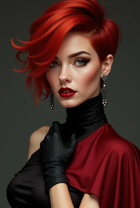 gorgeous woman, red hair, pixie cut, short black and red asymmetric dress