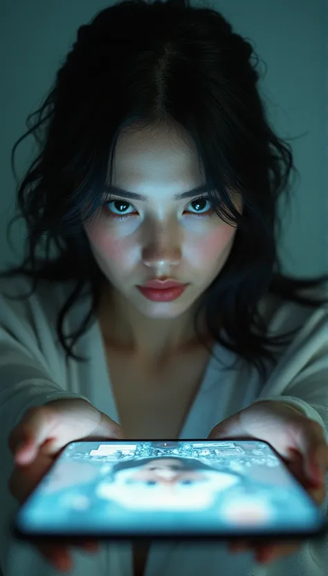 First person view of an image of a beautiful dark haired woman, while holding the image, combining the real life view with the image being held.