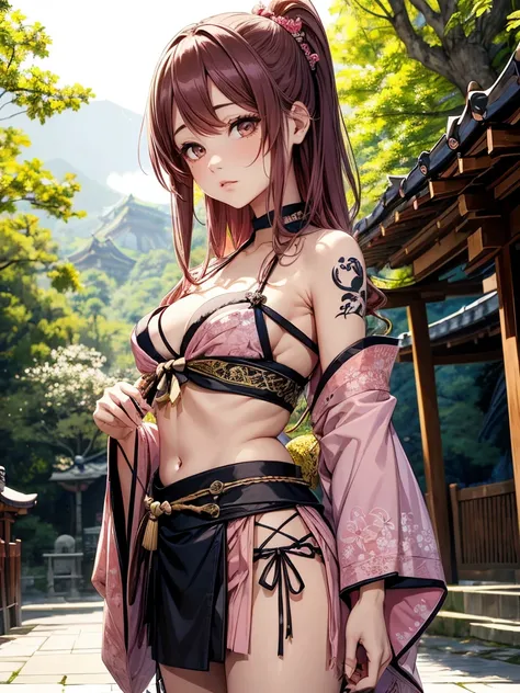 Japanesse beautifull girl, pink & brown hairadd high definition_detail:1, tribal tattoo add_detail:1, in hell add_detail, barefoot, blue saturation light, ( navel kimono , kimono   mini skirt)), japanesse shrine landscape 