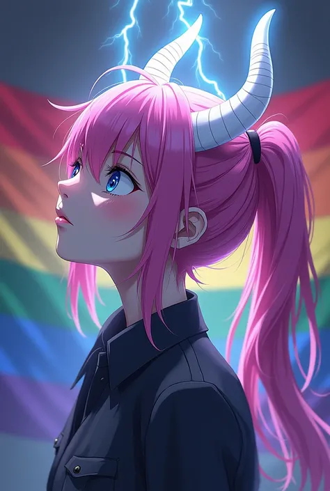 Create a femboy character in men&#39;s clothing with long pink hair tied in an anime ponytail with white demon horns on his head while lightning bolts come out of his horns as he looks up with the pansexual flag in the background