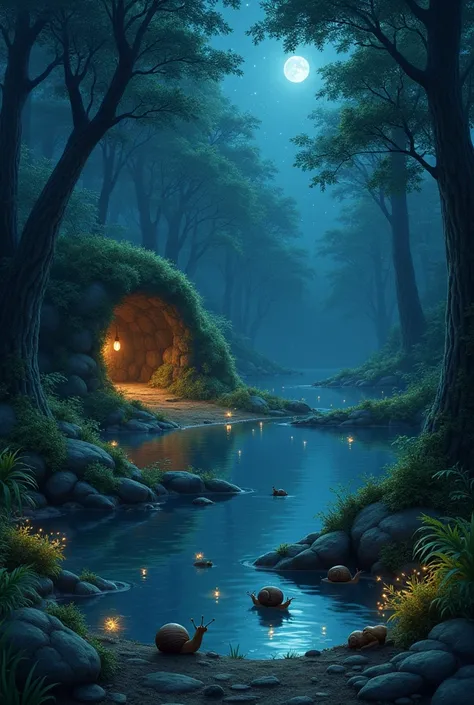 forest near a lagoon at night with fireflies, snails, leeches and a small earth cave