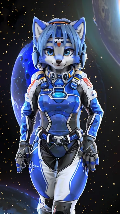 a picture of ((krystal)), star fox krystal, sslim, lovable, green eyes, medium breasts, (((long blue hair 1.3))), decollete, ant...