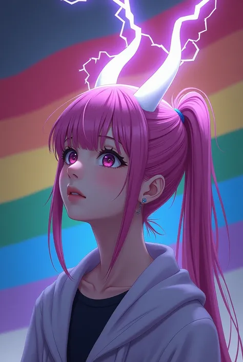 Create a femboy character in men&#39;s clothing with long pink hair tied in an anime ponytail with white demon horns on his head while lightning bolts come out of his horns as he looks up with the pansexual flag in the background