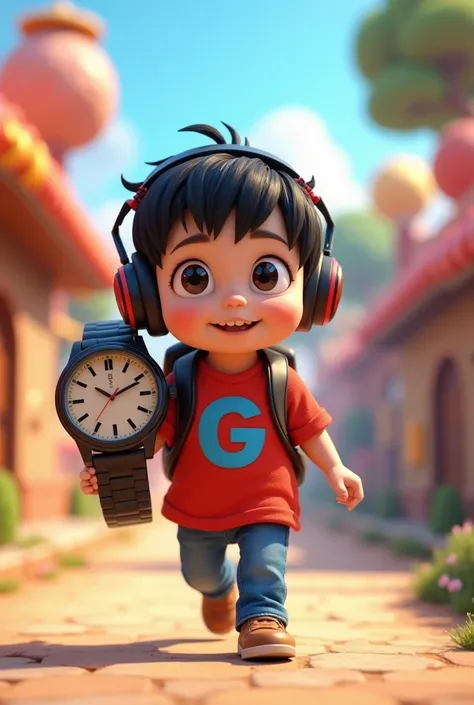 A white child with black hair parted on the side, with black and red headset, red shirt with the letter G in blue.
Walking on a playful road with a large watch sticking out of the backpack!