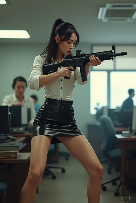 beautiful chinese office lady mini latex skirt white shirt realistic long machine gun toting real person legs spread apart standing rampage shooting side target facing 


