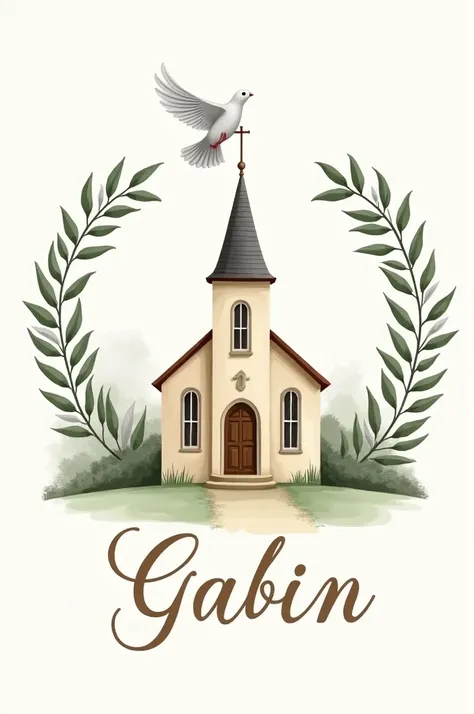 Créez une illustration représentant une charmante église avec un clocher classique et des fenêtres en arc, entourée d’une couronne décorative faite de branches d’olivier. Au-dessus de l’église, incluez une colombe en vol, symbolisant la paix et la pureté. ...