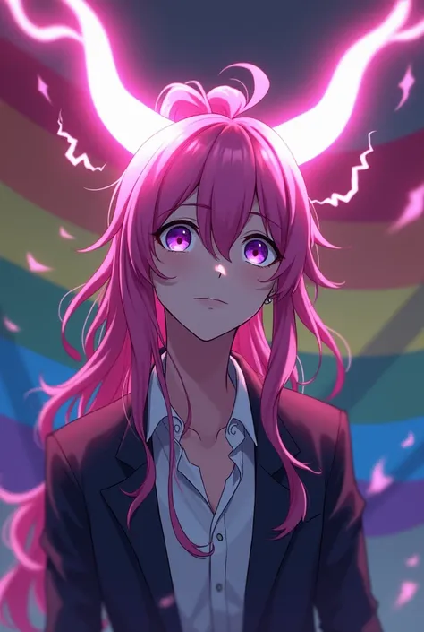 Create a femboy character in men&#39;s clothing with long pink hair tied in an anime ponytail with white demon horns on his head while lightning bolts come out of his horns as he looks up with the pansexual flag in the background