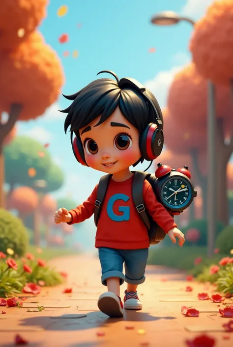 A white child with black hair parted on the side,  with black and red headphones, red shirt with the letter G in blue.
Walking on a playful road with a large watch sticking out of the backpack!