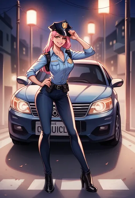 One woman, adult, withe hair, sexy police officer in uniform, night, soft light, facial details, view from face, diabolical smiling, light pink lips, in a street next to a police car, fingers, cop cap, full body --Realistic Style-Imagination-