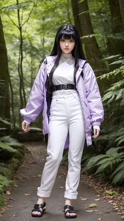 "A young woman doing a cosplay inspired by an anime character. She has long black hair with bangs, white eyes with faint pupils. She is wearing a light purple jacket with white details, black pants, and ninja sandals. She stands in a confident pose in a Ja...