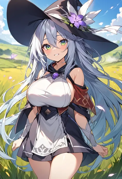 a pretty mage girl is getting closure in bloomed grassland,open chest mages cloths and a hat,big breasts,silver long low hair,gaze to me,friendly face