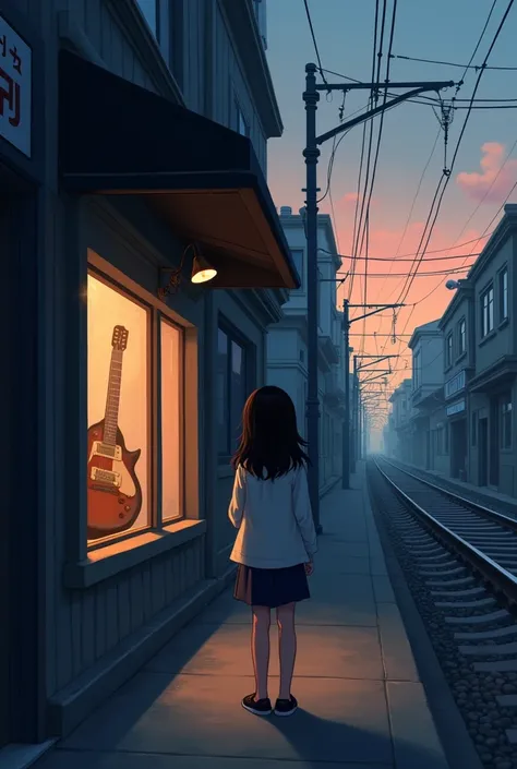 generate an image of a girl looking at a guitar store in a melancholic way, longing to be able to buy a guitar. The girl is standing with her back turned looking at the shop window, Behind her, horizontally, you can see the train tracks. It&#39;s 6 am and ...