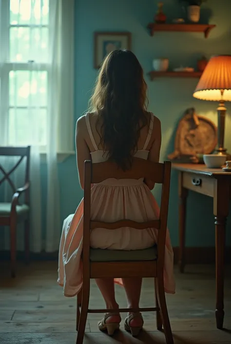 girl in her 20s sitting on wooden chair, wearing a beige-pink summer dress, 1980s vibe, vintage vibe, wearing high heels, back view, back shot, behind shot, faded photo, vintage house, cool lighting 